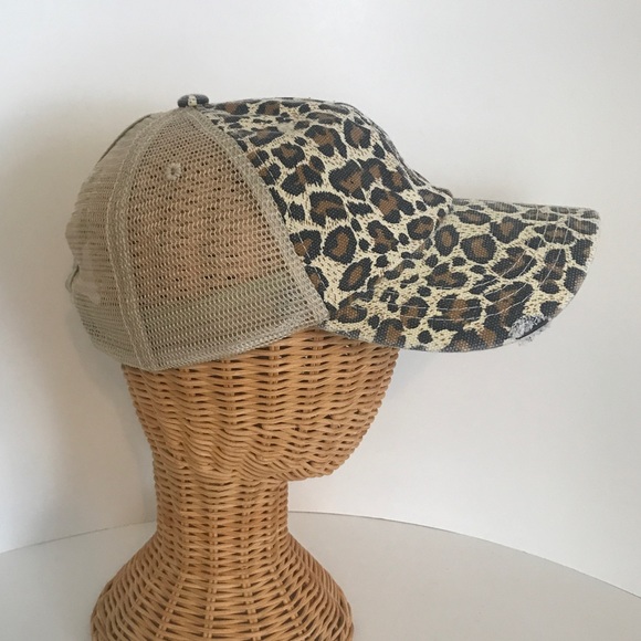 Distressed Canvas, Mesh Back Ponytail Hat Adjustable. Leopard Print New! - Picture 4 of 12